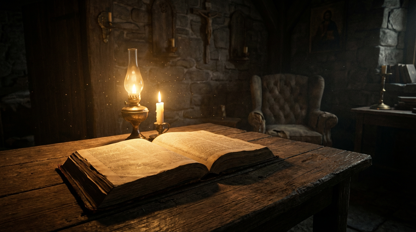 Bíblia antiga aberta com páginas iluminadas, simbolizando a Palavra de Deus